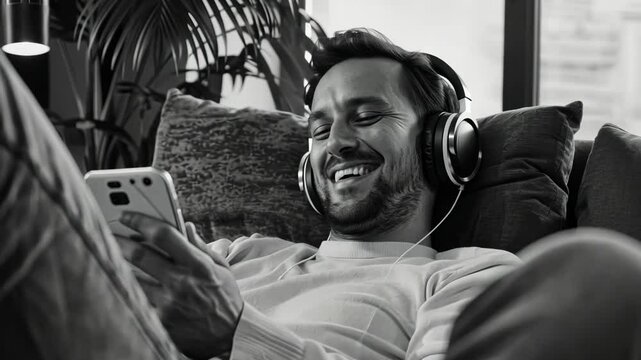 Happy man wearing headphones and smiling while using laptop. He appears relaxed and engaged in enjoyable content.