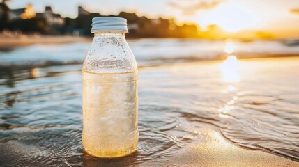 Refreshing Drink in Glass Bottle at Beach during Golden Hour Capturing Beachside Relaxation and Serenity