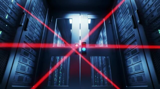 Advanced security features are showcased in a data center with laser beams and biometric scanners protecting sensitive areas.