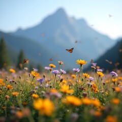A field of colorful wildflowers swaying in the breeze, with butterflies fluttering and mountains silhouetted in the background.