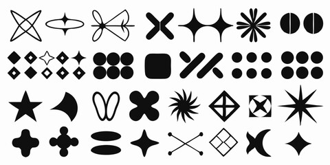 Collection of 36 Black Geometric Shapes: Stars, Crosses, and More
