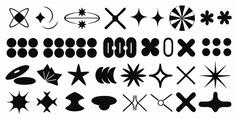 Collection of Black and White Geometric Shapes, Stars, and Symbols