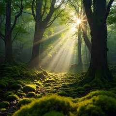 A peaceful forest with tall, ancient trees and a soft carpet of moss, sunlight streaming through the canopy.