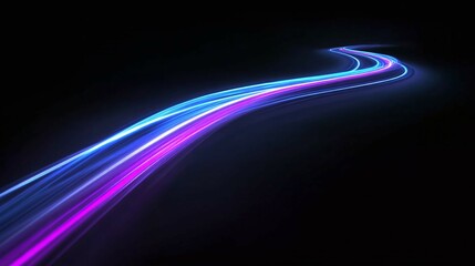 Abstract light trails in blue and purple colors on a dark background.