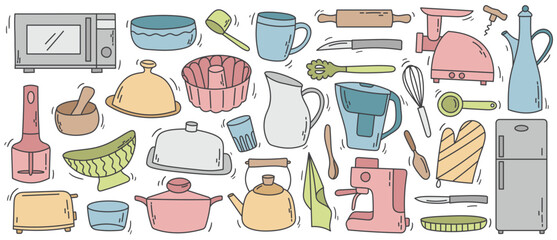 Doodle-style kitchen utensil collection with soft pastel color fills. Ideal for food packaging, recipe illustrations, and cozy kitchen-themed projects.