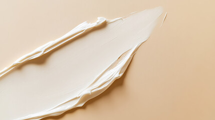 Close-up of smooth white cosmetic cream or makeup foundation smeared on a soft beige background. Generative AI