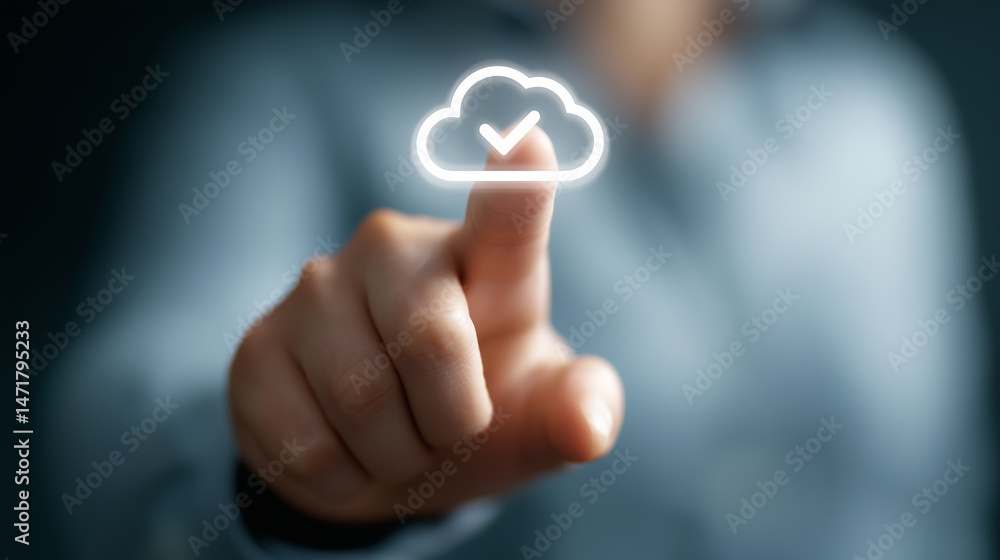 Poster person touching cloud icon with check mark, symbolizing cloud computing, data storage, and digital s