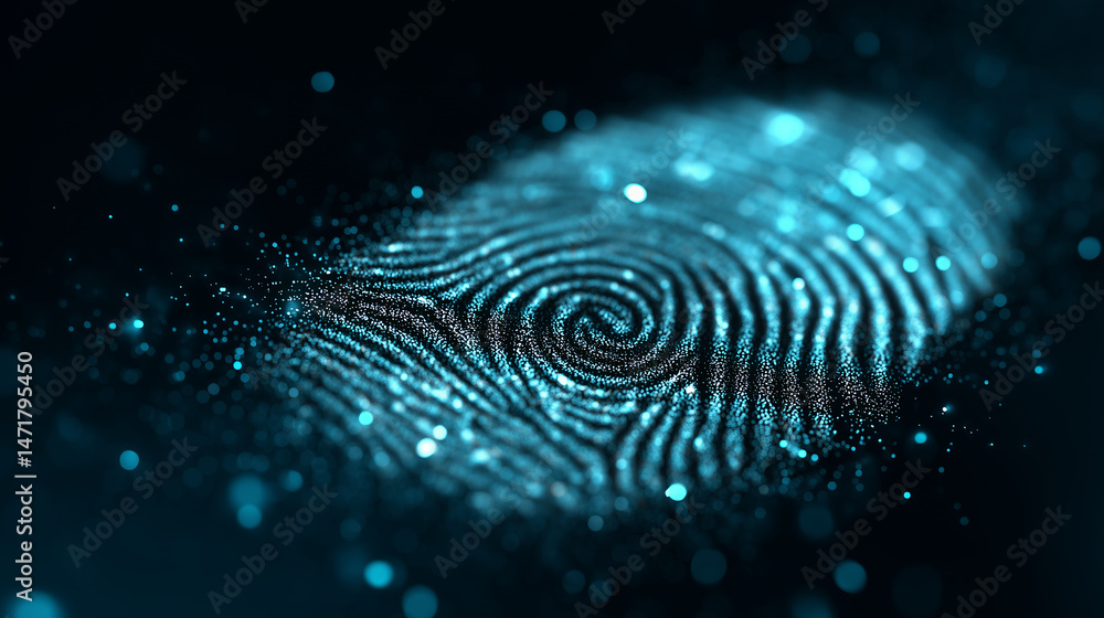 Poster abstract digital fingerprint design with blue particles on dark background ideal for technology and 