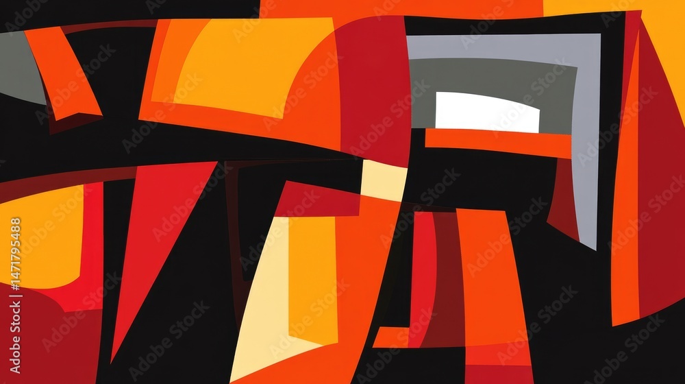 Poster abstract composition in fiery hues: a bold exploration of geometric forms and dynamic color