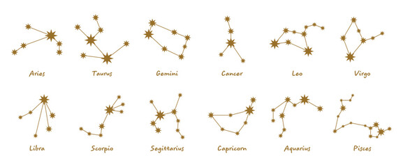 Elegant hand-drawn set of zodiac constellations with English labels. Clean line art style with minimalistic stars and connecting lines. Ideal for astrology-themed design, horoscopes, spiritual brandin © Moonberry_Studio
