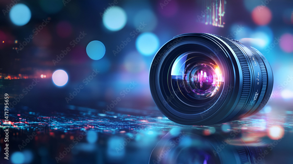Poster close up view of a camera lens with bokeh lights and colorful reflections