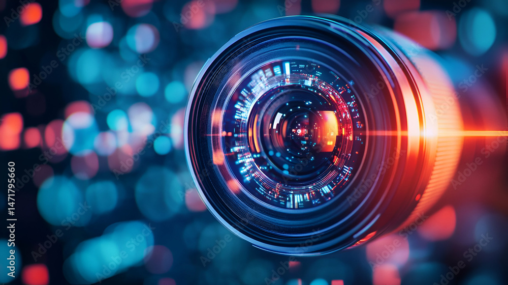 Poster close up view of a camera lens with red and blue bokeh background