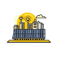 Solar panels powering city skyline at sunrise; renewable energy illustration