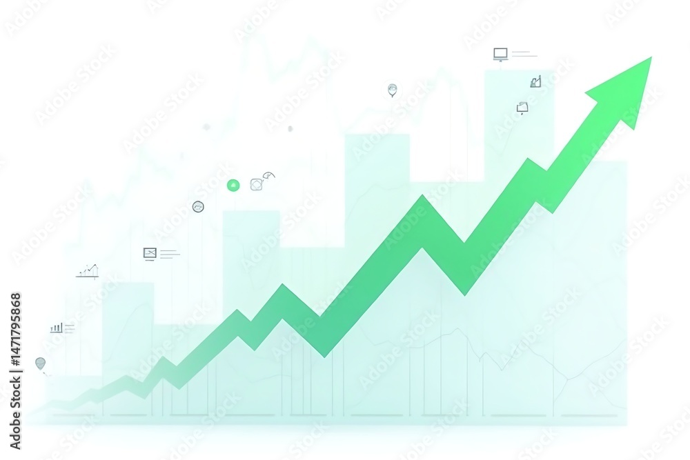 Poster green rising arrow chart with business growth visualization and data analysis representing successfu