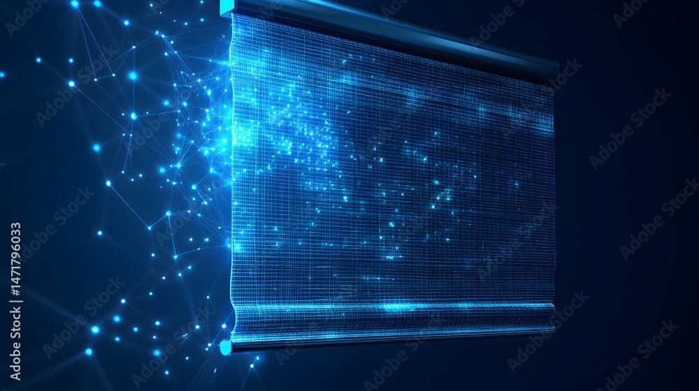 Poster Futuristic retractable display with a glowing blue grid and interconnected network. A modern and digital matrix illuminated against a dark gradient. Great for Abstract dark blue wireframe.