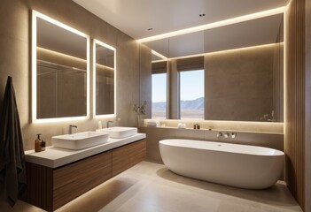 Fototapeta premium There is a large bathroom with a large bathtub and a large mirror