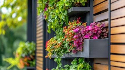 Vibrant vertical garden display with colorful flowers and foliage