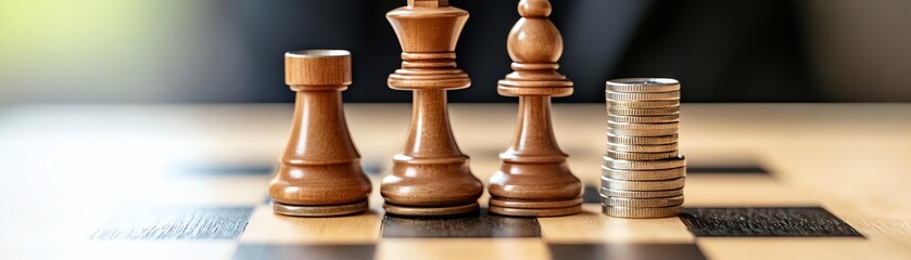 Financial control portrayed by a chessboard with coins as pieces.