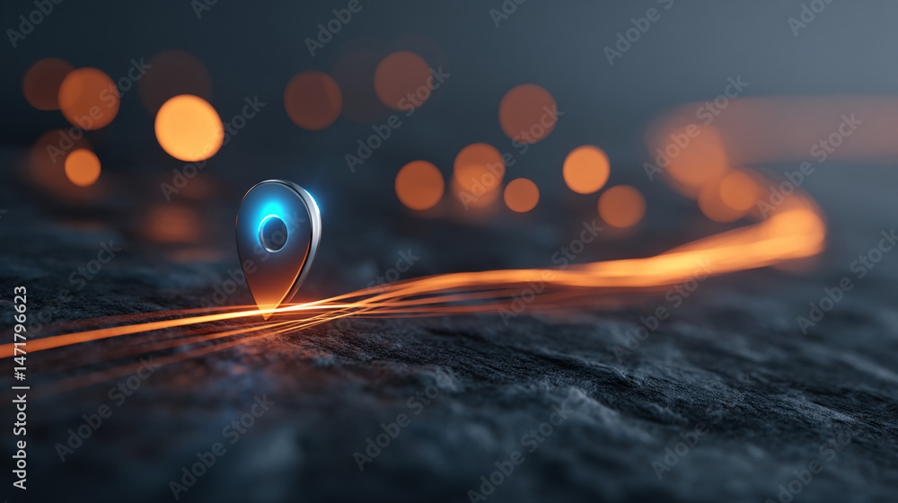 Poster metallic location pin on dark textured surface, illuminated by glowing orange lines, suggesting jour