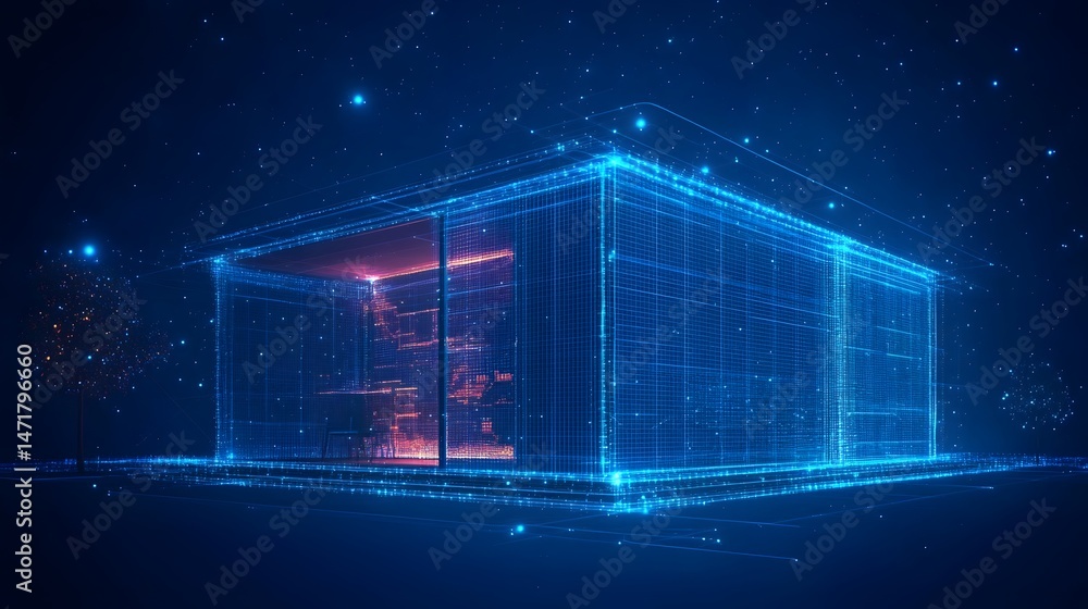 Poster futuristic wireframe cube houses vibrant interior details, standing beside a glowing particle tree, 
