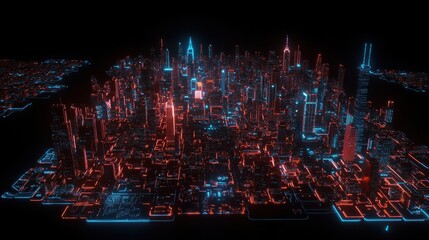 Fototapeta premium Futuristic city skyline illuminated with vibrant neon lights creating a high tech metropolis at night