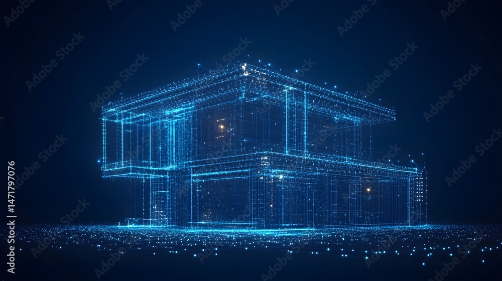 Fototapete Futuristic house rendering with glowing blue lines showcases modern architecture. Digital environment with sleek design & geometric structure evokes innovation. Abstract dark blue wireframe