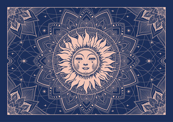 Celestial astrological mandala with sun, magic tarot card, vector celestial poster for print, card, packaging. Modern hand drawn illustration.