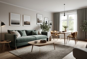 There is a living room with sofa table chairs and carpets