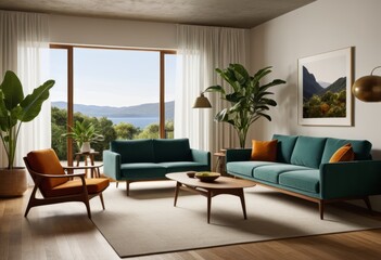 There is a living room with a sofa chair table and windows