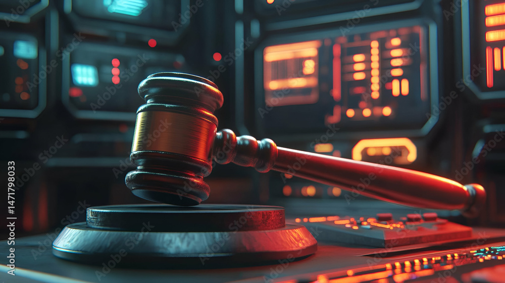Poster cyberpunk gavel and sound block on futuristic control panel