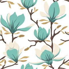 Seamless pattern with spring flowers magnolia and leaves, floral pattern for wallpaper background. Vector illustration.