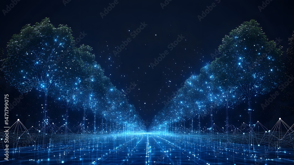 Aufkleber A mesmerizing avenue illuminated by blue lights, creating a futuristic ambiance. Digital ground patterns and starry backdrop enhance the technological feel. Abstract dark blue wireframe