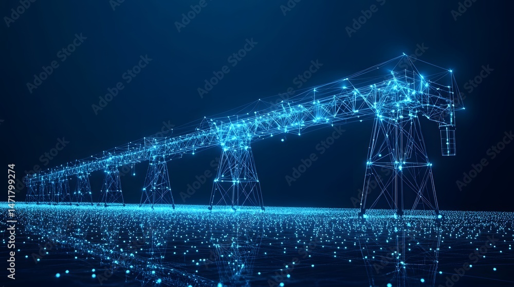 Poster Futuristic network of glowing transmission towers interconnected above a digital ground. A visual metaphor for advanced technology, connectivity, and innovation. Abstract dark blue wireframe