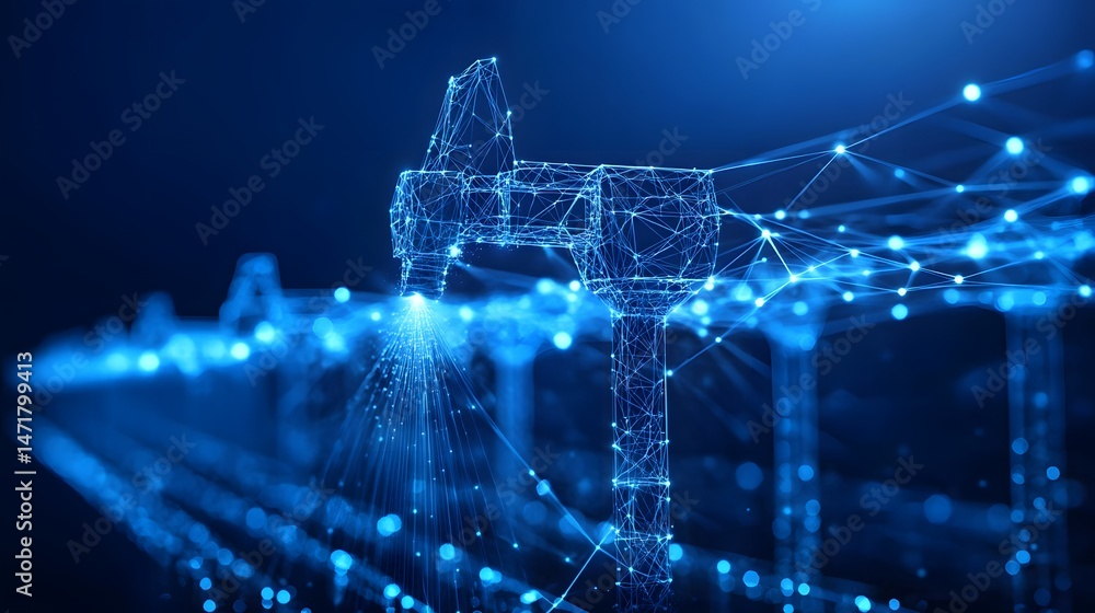 Aufkleber futuristic blue wireframe mechanical arm, a high-tech vision of robotics. a digital network glows, s