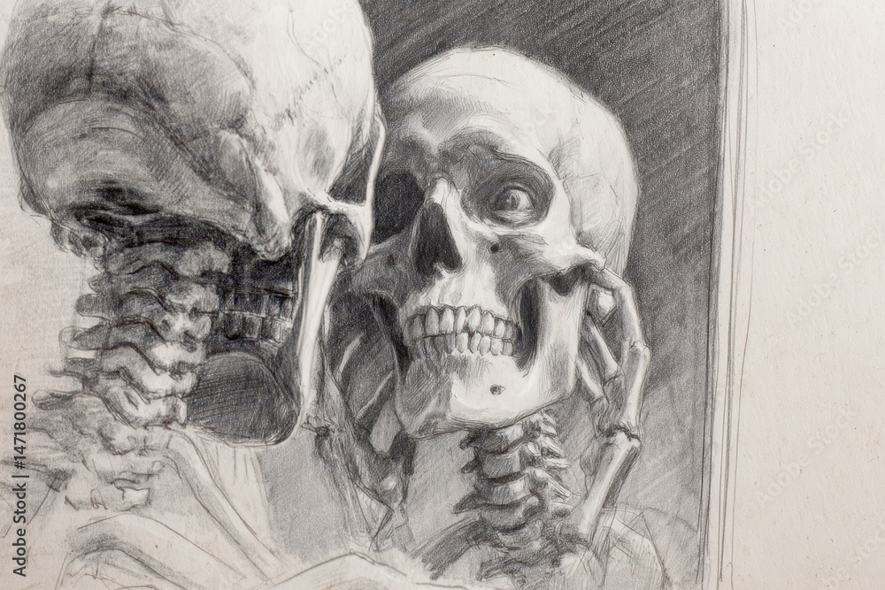 Poster detailed grayscale drawing of two skulls in a reflective composition.