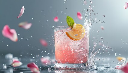 An advertising shot for, featuring a glass of cocktail with lemon and mint, with splashes of water in the air. The background is gray, with pink petals scattered on it.