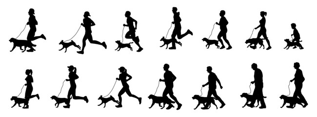 Jogging with dogs, man and women of different ages runs together with their dog, walk with pet