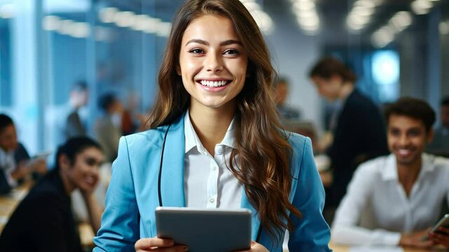 A woman in a blue suit is smiling and holding a tablet. She is surrounded by other people, some of whom are also smiling. Concept of professionalism and positivity, as the woman is confident