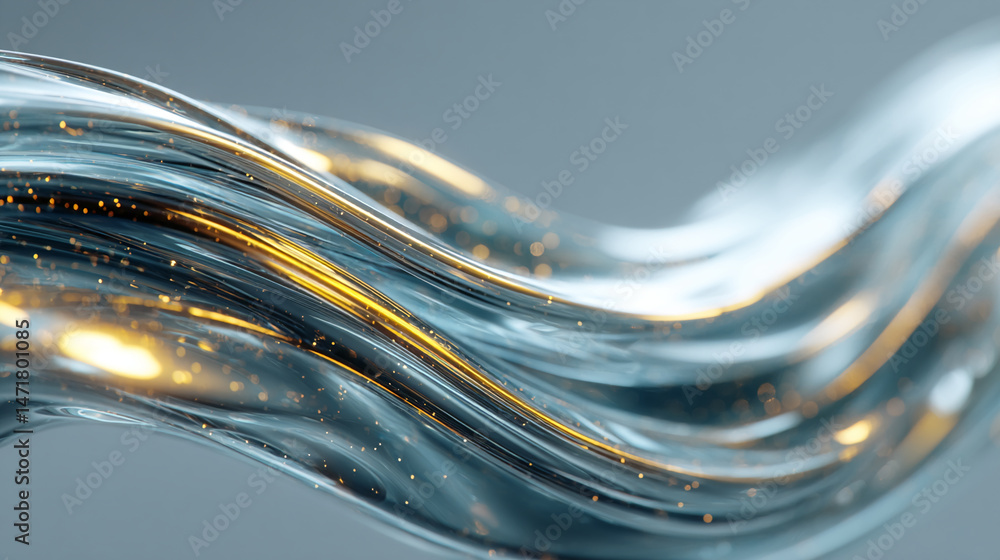 Poster abstract image of flowing, translucent blue and gold liquid, creating a dynamic, elegant wave shape,