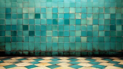 Geometric Harmony: A captivating interior composition showcasing a vivid aqua tile wall and a matching diamond-patterned tile floor, creating a tranquil and textured space.