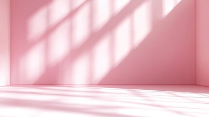 Obraz premium Dreamy pink minimal studio setup Soft sunlight shadows for aesthetic beauty & fashion flat lays. Perfect summer-themed content backdrop.