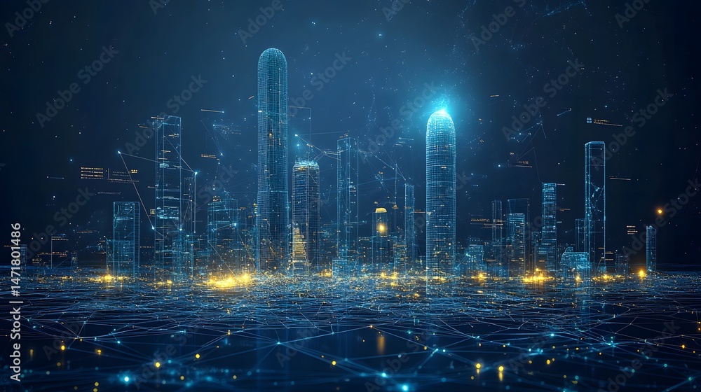Aufkleber Futuristic wireframe cityscape aglow with vibrant blue and yellow lights. A high-tech visualization of interconnected structures against a dark, star-speckled backdrop. Abstract dark blue wireframe