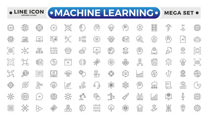 Machine Learning outline icon. AI technology icons for web and mobile app. Machine learning, digital AI technology, algorithm, smart robotic, cloud computing network. Editable stroke outline icon.
