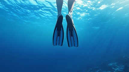 Diver's feet in fins in water. View from below.