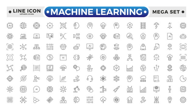 Machine Learning outline icon. AI technology icons for web and mobile app. Machine learning, digital AI technology, algorithm, smart robotic, cloud computing network. Editable stroke outline icon.
