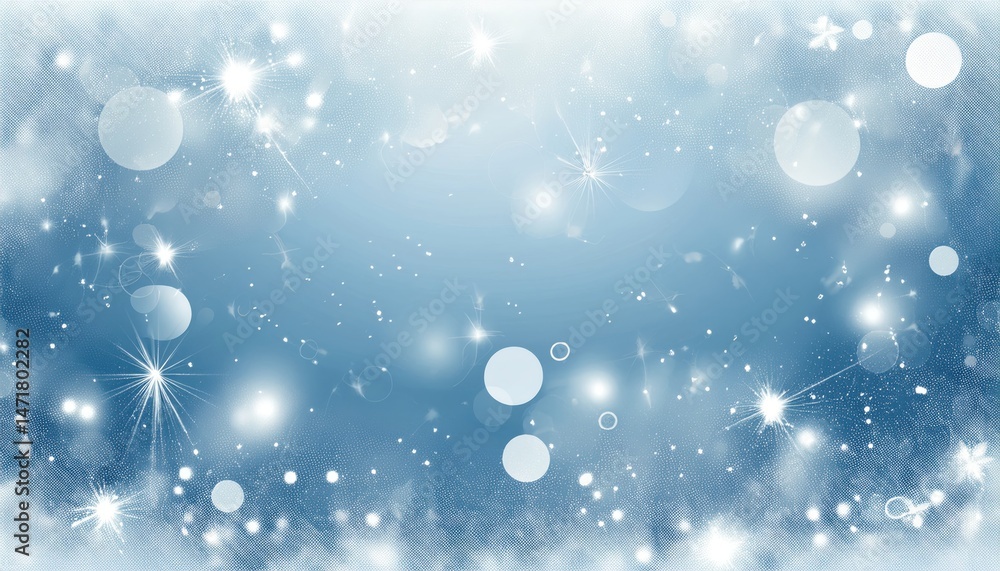 Poster ethereal blue sparkle background with soft bokeh lights and starbursts ideal for winter web design, greeting card, or branding graphic

