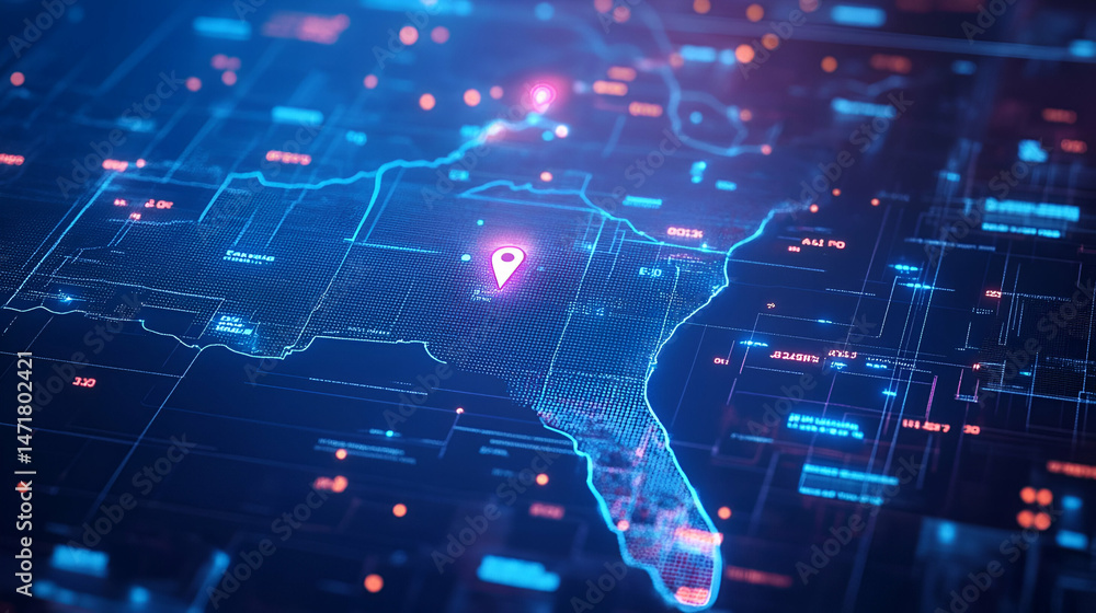 Poster digital map with glowing point and network connections