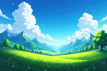 Obraz premium Vibrant fantasy anime background, perfect for animation or digital art Sky, clouds, mountains, trees, fields , pink, scene