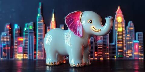 Porcelain elephant, city, night, lights, urban, fantasy, sculpture in modern skyline scene new beautiful stock image illustration AI