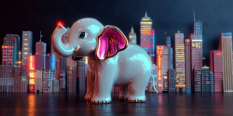 Porcelain elephant, city, night, lights, urban, fantasy, sculpture in modern skyline scene new beautiful stock image illustration AI